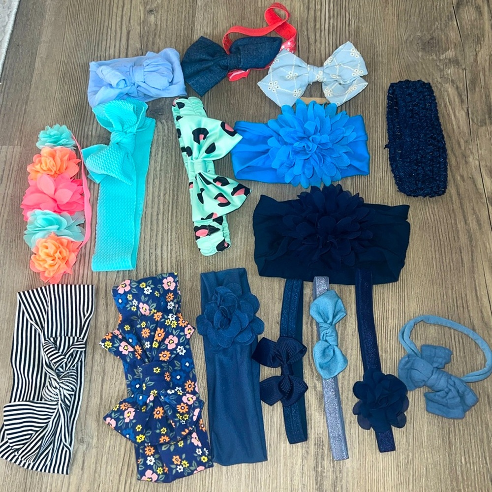 BLUES + TEALS head bands, hair bow, head wrap lot for babygirl